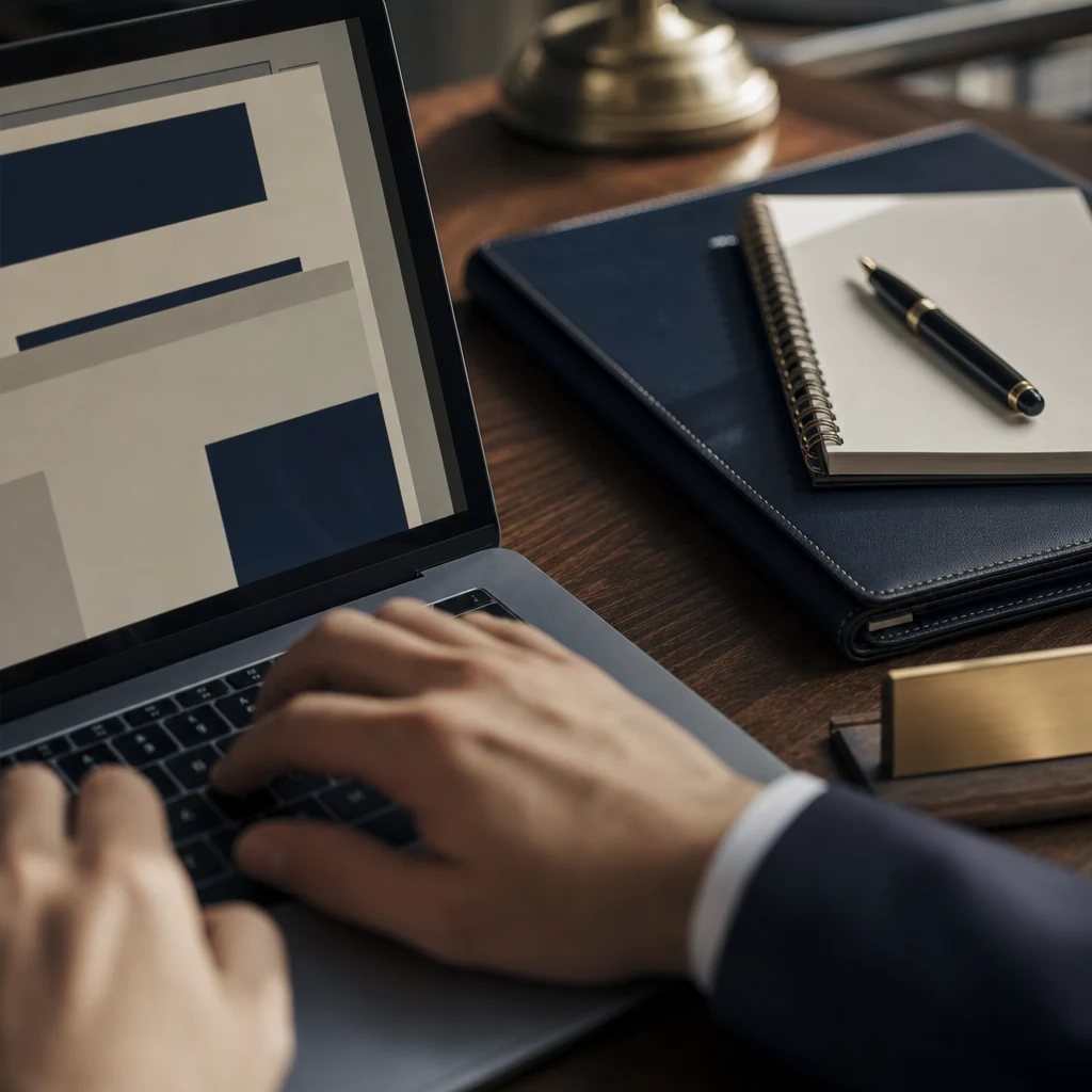 A close-up detail shot at desk level — a pair of hands resting on a laptop keyboard, slightly blurred in the foreground,