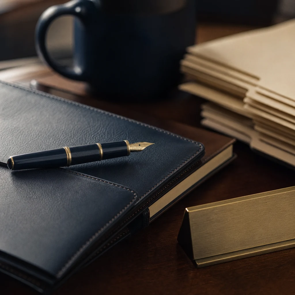 Close detail shot of two hands resting near an open notebook on a warm wood desk — one hand holds a fountain pen mid-wri