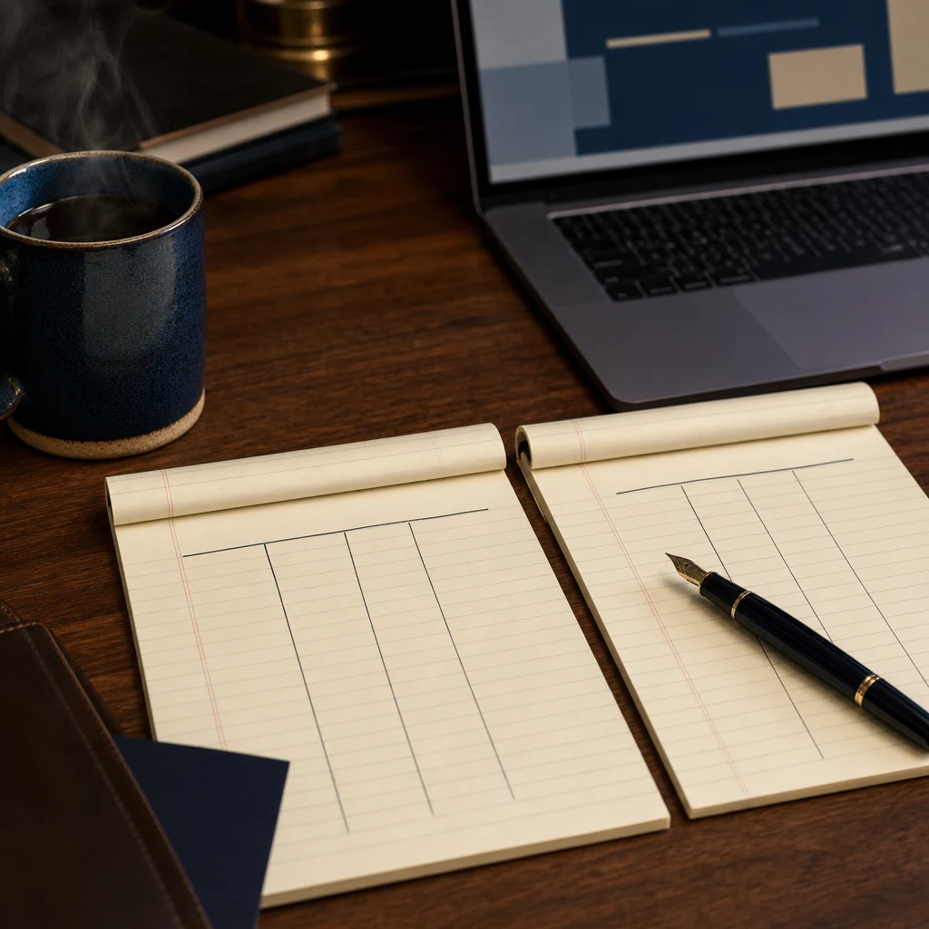 Close detail shot from slightly above — two open legal notepads side by side on a walnut desk surface, each with handwri