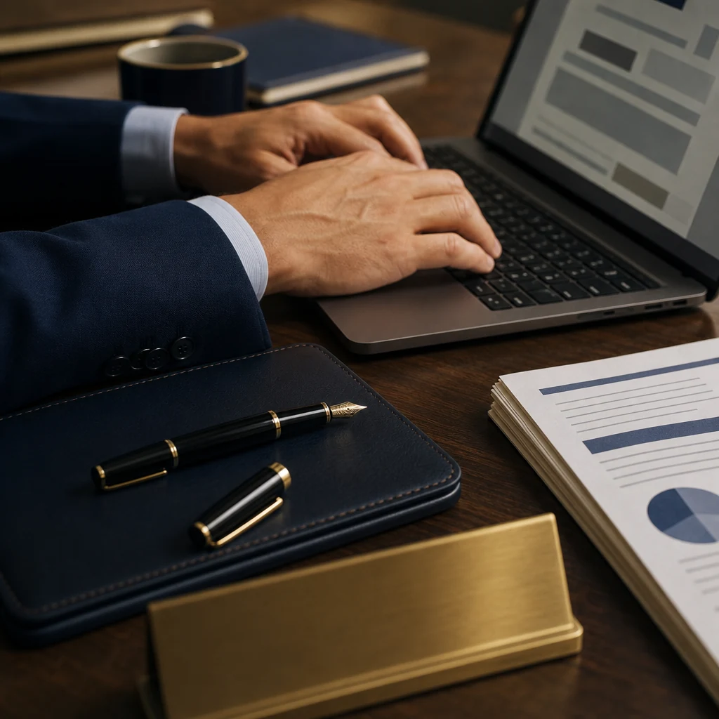 Close-up detail shot of hands resting on a laptop keyboard, a printed document visible at the edge of frame rendered as 