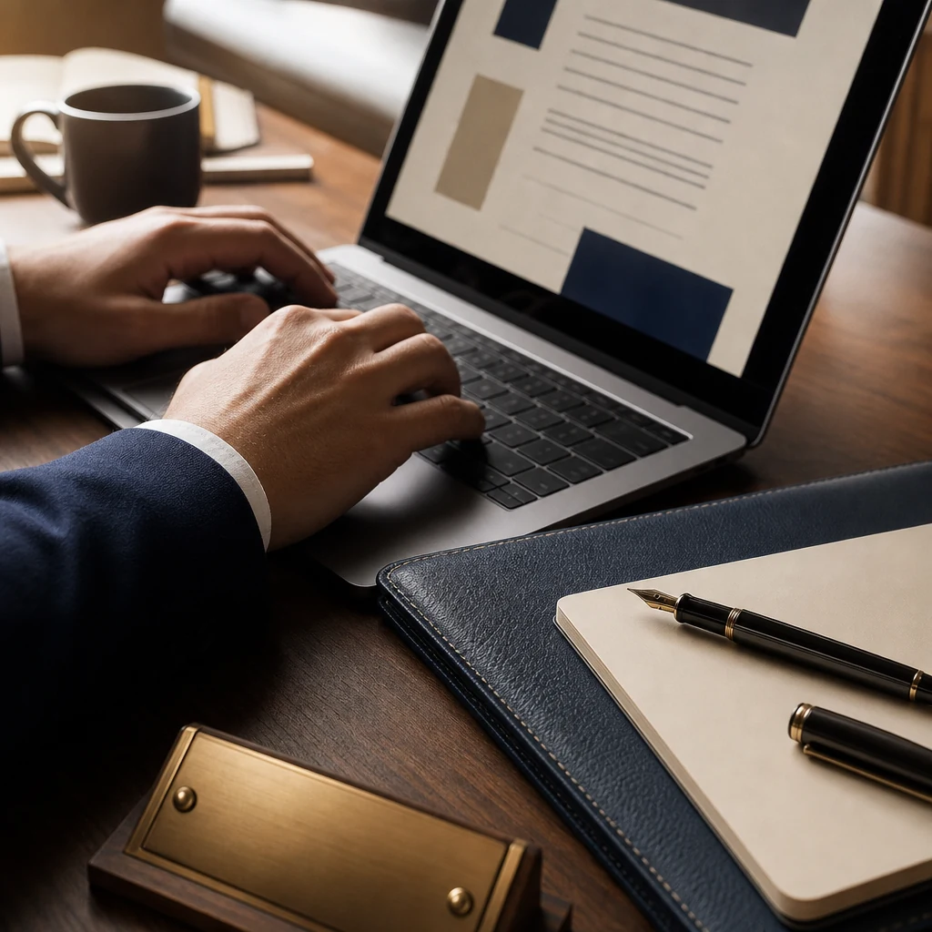 Close-up detail shot of two hands resting on a laptop keyboard, the screen showing soft abstract document shapes in navy
