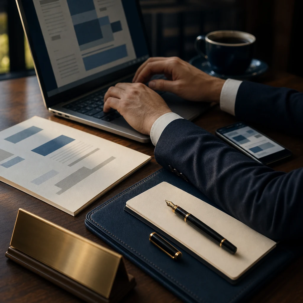 Close-up detail shot of two hands resting near a laptop keyboard, a printed document visible on the desk beside it rende
