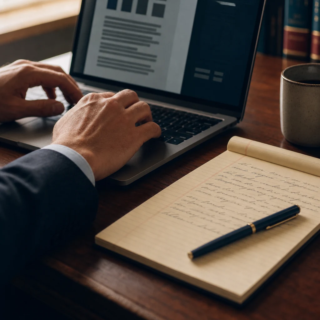 A close-up detail shot of two hands resting on a laptop keyboard, a legal notepad with handwritten names visible only as
