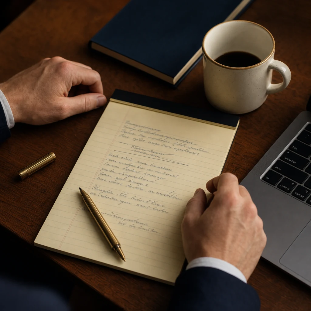 Close detail shot from above: two hands resting near an open legal pad covered in handwritten notes (text not legible), 