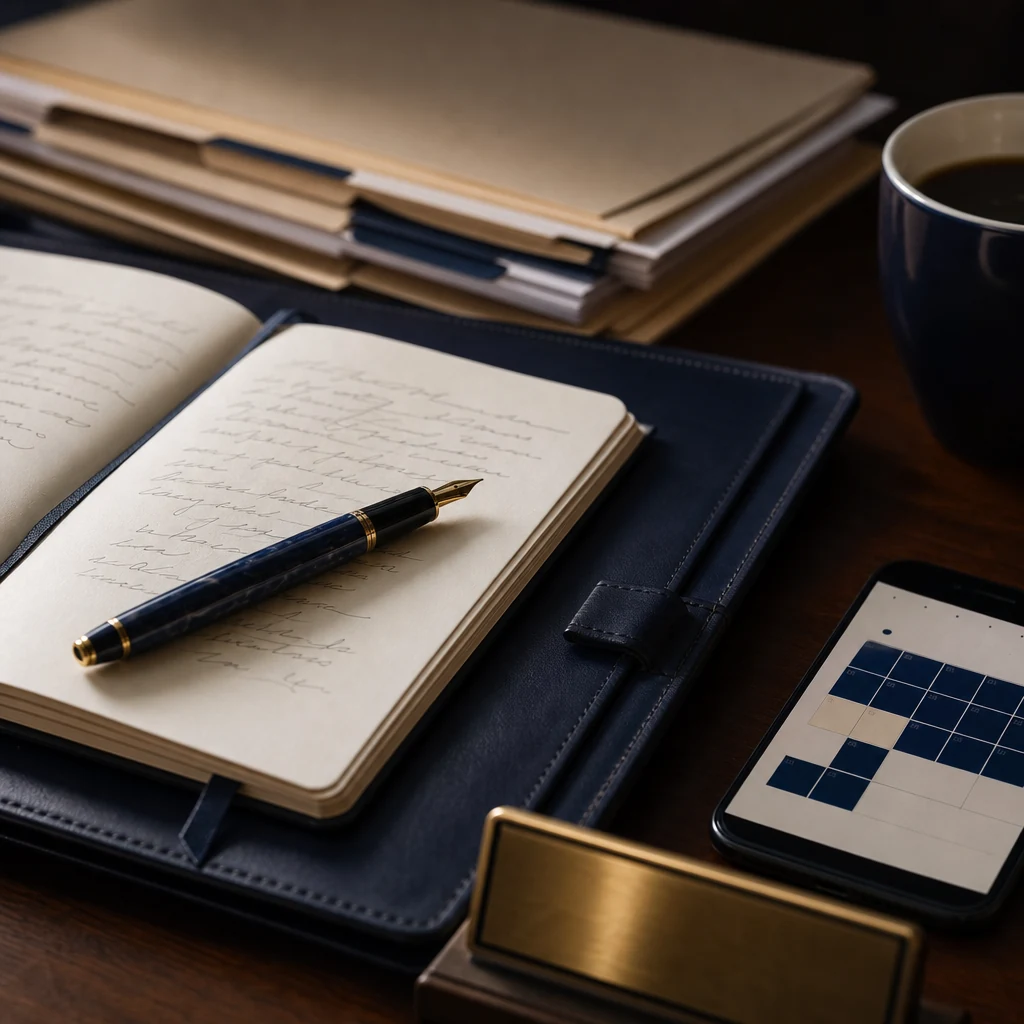 Close-up detail shot of two hands resting on an open notebook beside a laptop keyboard, a fountain pen lying across the 