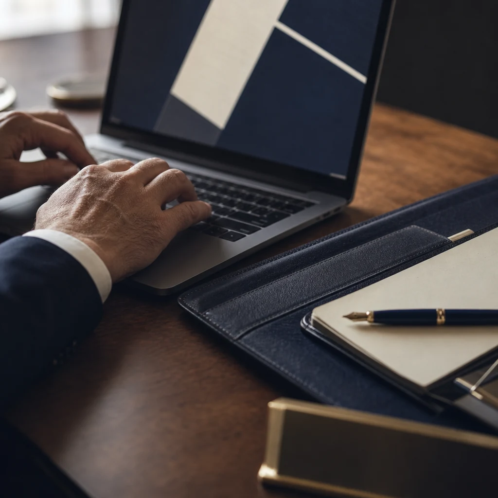 Close-up detail shot of hands resting on a laptop keyboard, a leather portfolio open beside it with a fountain pen laid