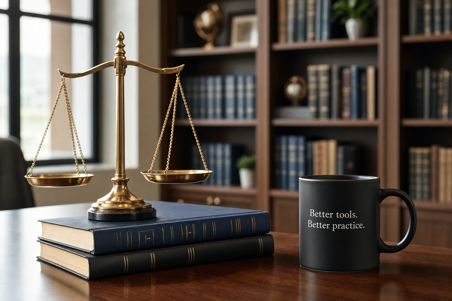 Brass scales of justice and law books on a desk
